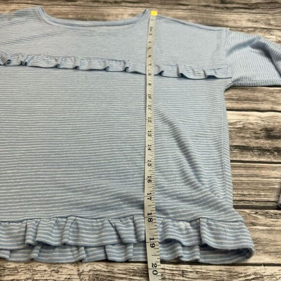 LOFT Women's Stripe Ruffle Soft Tee T Shirt Blouse Top M Med Medium Blue White - Picture 12 of 13